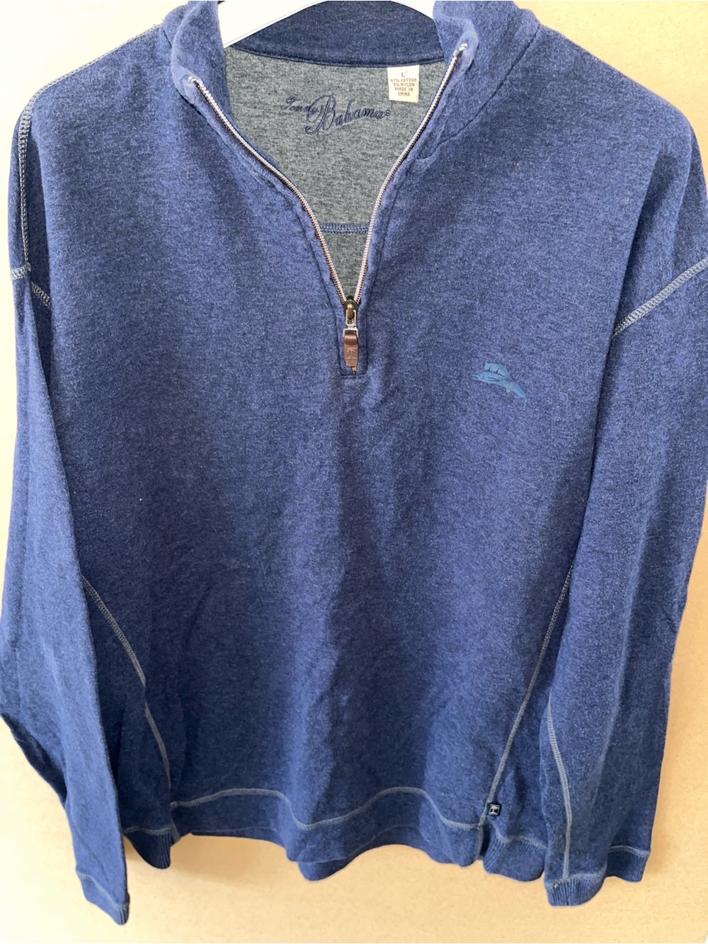 Tommy Bahama Men’s Large 1/4 Zip Pullover Blue Cotton Nylon Sweater Casual